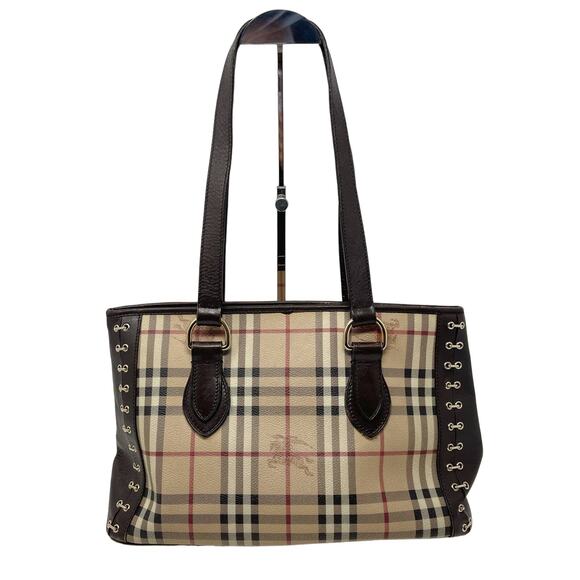 Burberry Brown Beige Haymarket Check Canvas Regent Grommet Tote Bag Double Strap - Picture 1 of 16